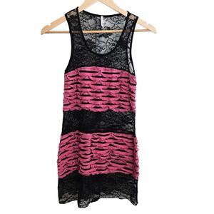 Ellus Black Lace Pink Stripe Ruffle Mini Dress Size Small‎ Y2K Goth Whimsical
